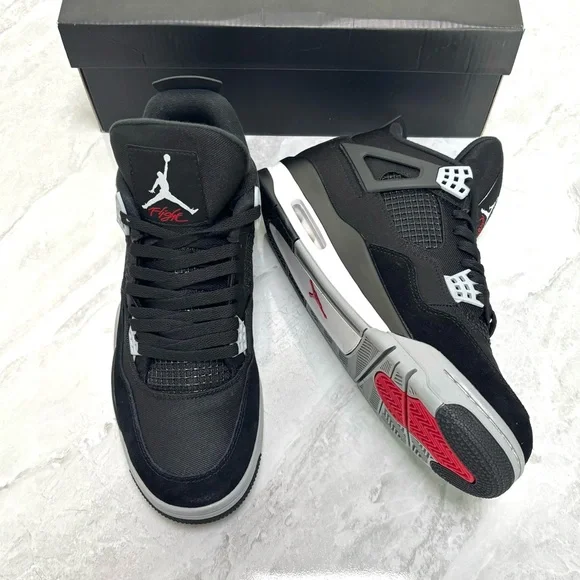 Brand New Retro 4 Black Canvas -Men’s Black/Gray Sneakers Shoes w/ Red Accents - Picture 4 of 6